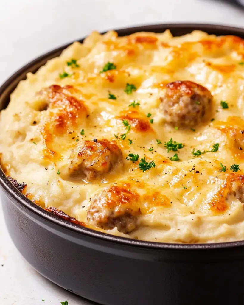 One Pot Mashed Potatoes with Meatballs & Gravy