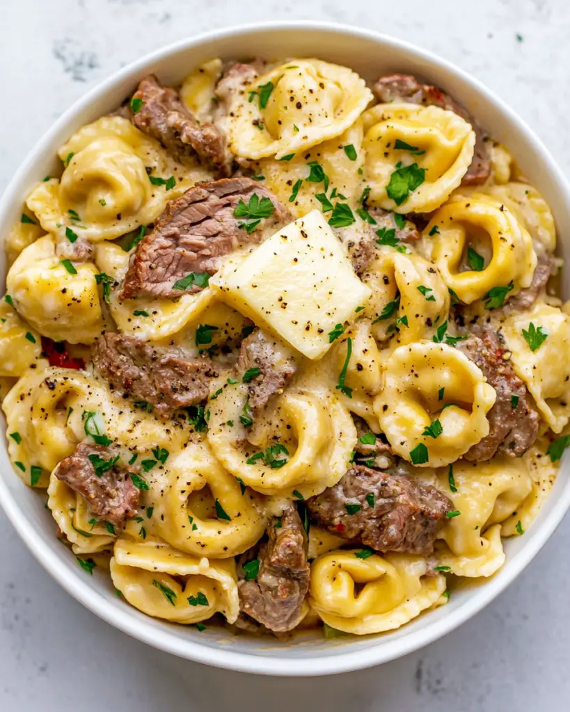 Philly Cheesesteak Tortellini with Creamy Provolone Sauce