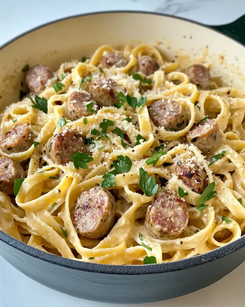 Creamy Garlic Parmesan Fettuccine with Beef Sausages