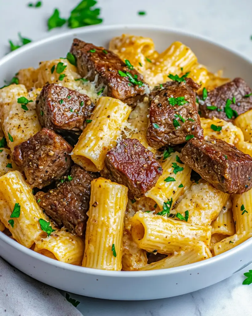 Garlic Butter Steak Tips with Cheesy Rigatoni