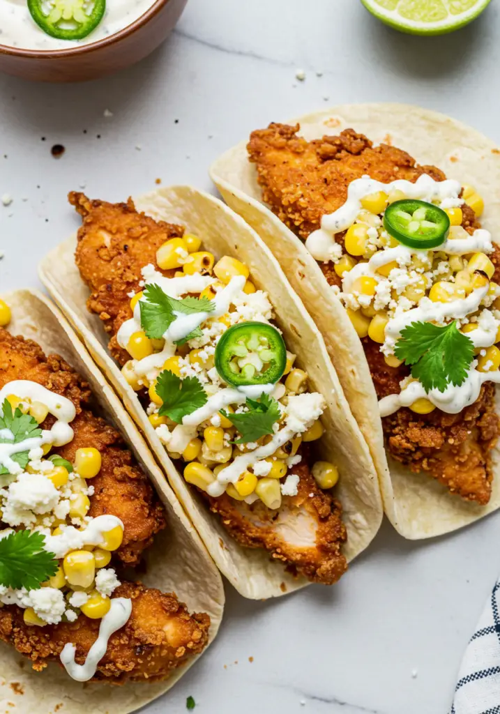 Fried Chicken Street Corn Taco with Jalapeno Lime Ranch