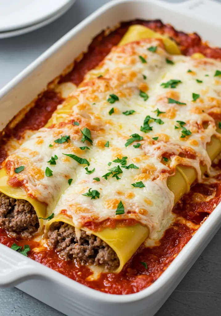 Baked Beef Cannelloni with Creamy Mozzarella Sauce