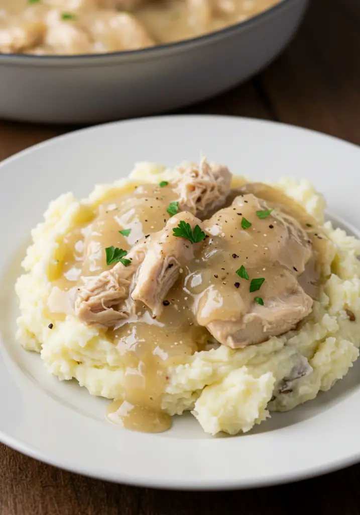 Shredded Chicken Gravy on Mashed Potatoes