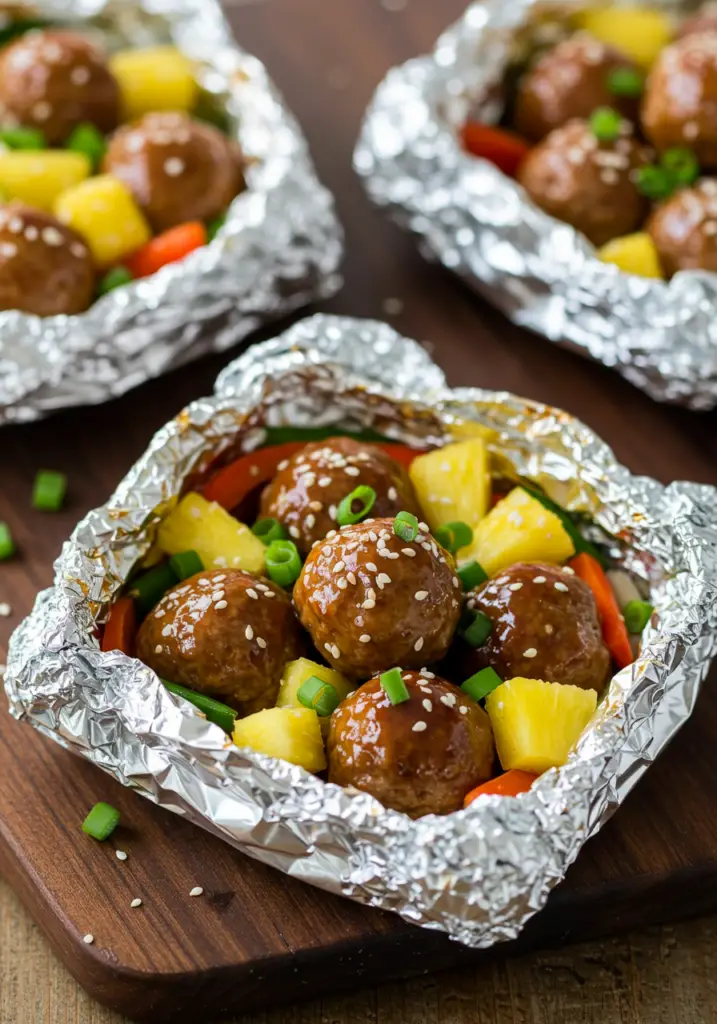 Grilled Pineapple Teriyaki Meatball Foil Packets