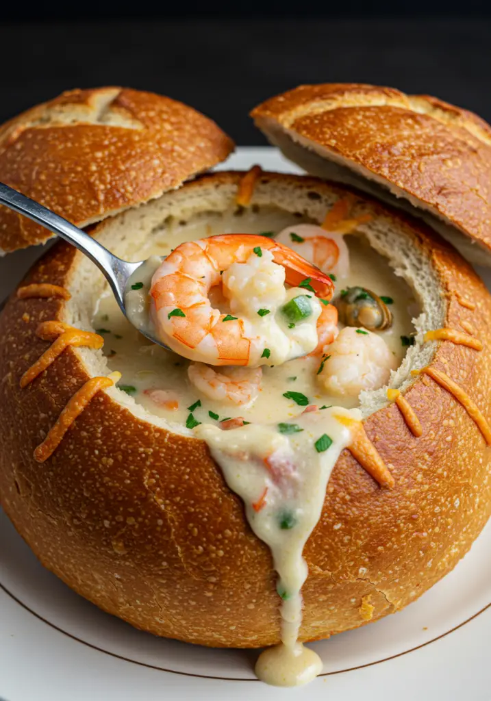 Cheesy Seafood Soup Bread Bowl