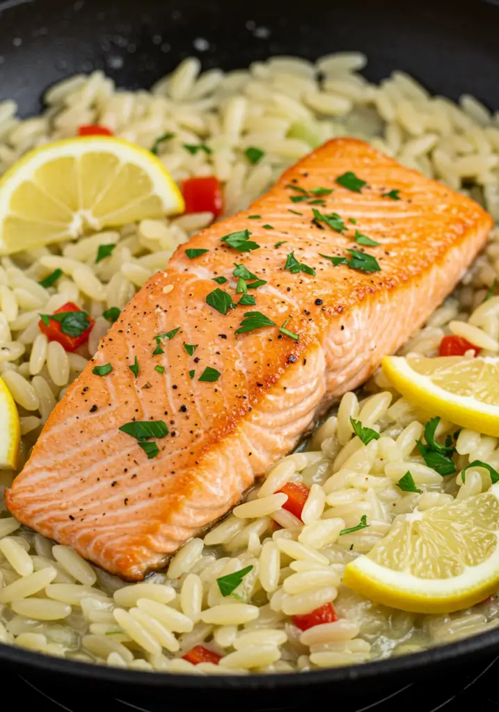 One Skillet Salmon with Lemon Orzo
