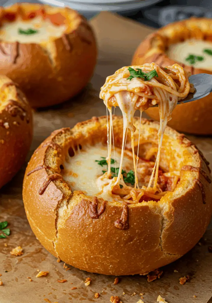 Spaghetti Garlic Bread Bowls