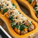 Turkey Sausage-Stuffed Butternut Squash with Spinach