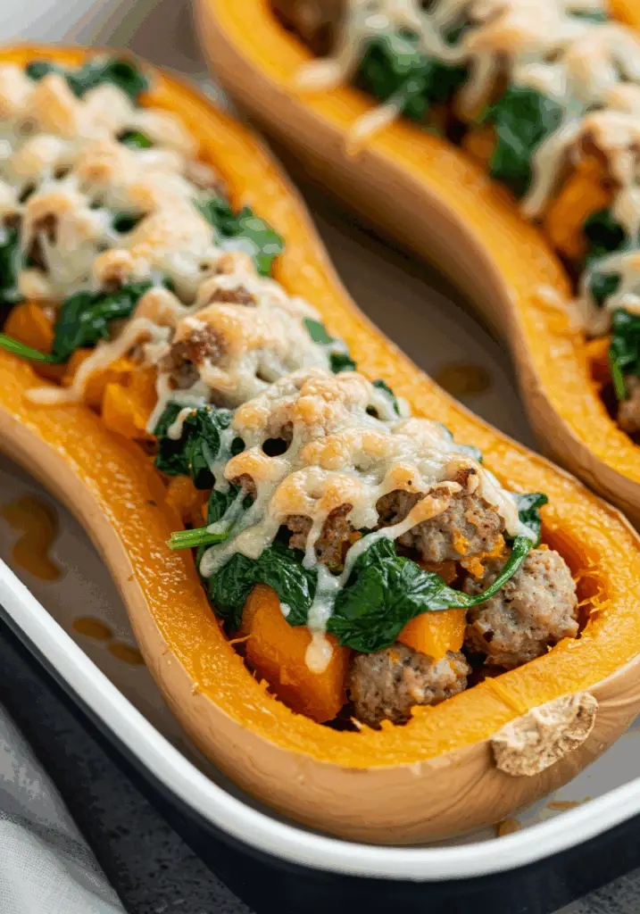 Turkey Sausage-Stuffed Butternut Squash with Spinach