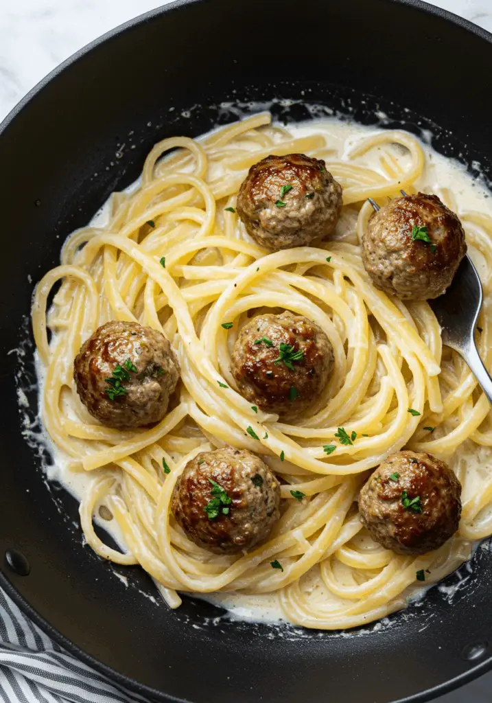Garlic Butter Meatballs over Creamy Parmesan Linguine