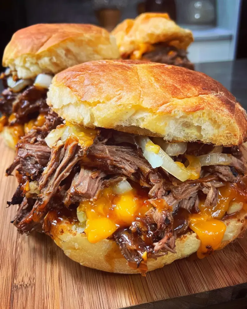 Crockpot Shredded Beef and Cheddar Sandwiches