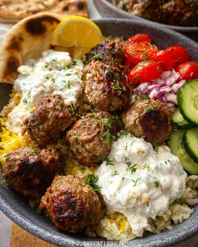 Gyro Bowls (Meatballs with Tzatziki, Lemon Rice, and Cucumber Salad)