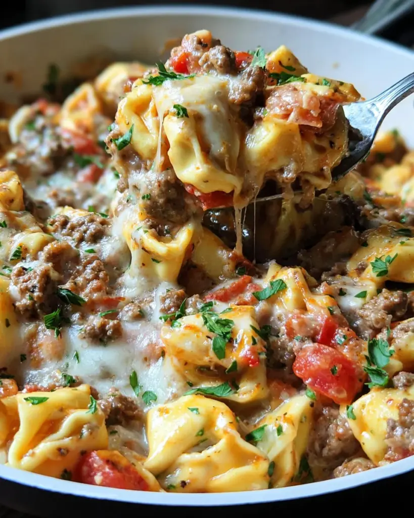One Pot Tortellini and Ground Beef Skillet Casserole